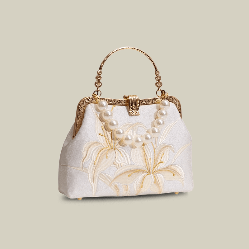 Lily Embroidered Pearl Handle Handbag with Metal Lock