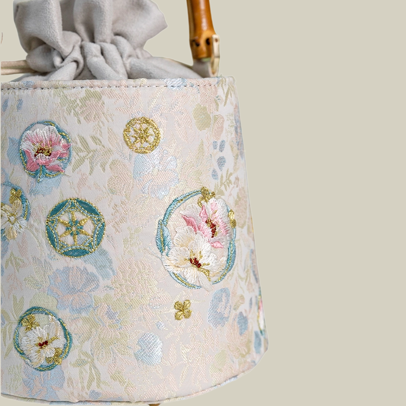 Floral Embroidered Satin Bucket Bag with Bamboo Handle