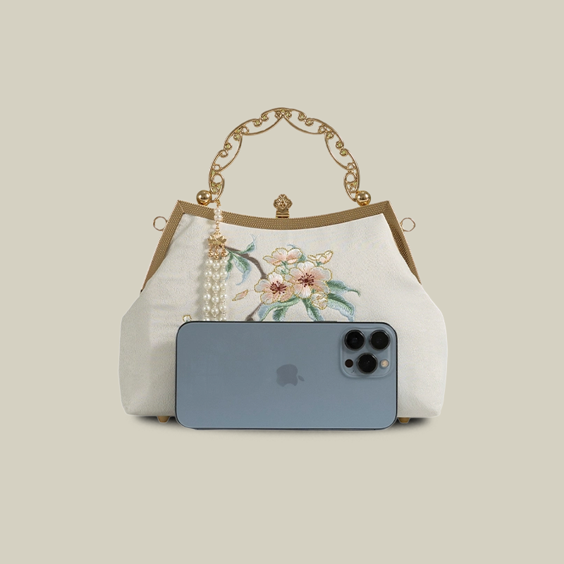 White Pear Blossom Embroidered Handbag with Pearl Tassel