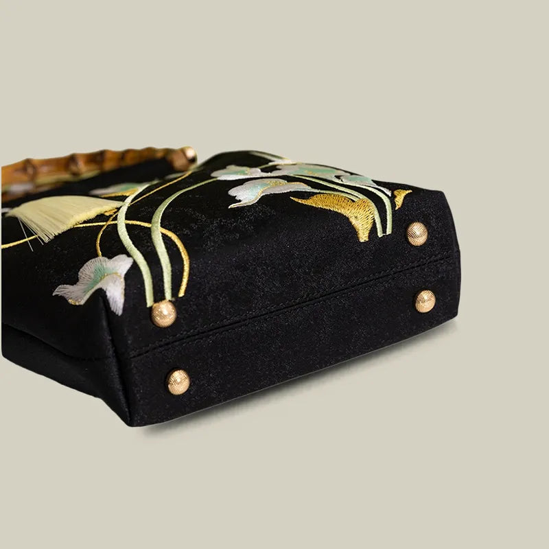 Embroidered Calla Lily Tote Bag with Wooden Handle