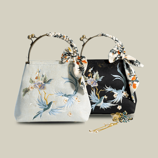 Kiss-Lock Embroidered Bird & Blossom Handbag with Silk Scarf