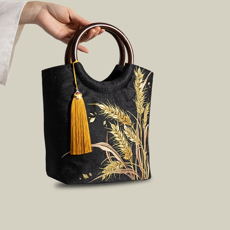 Golden Wheat Embroidered Tote Bag with Tassel