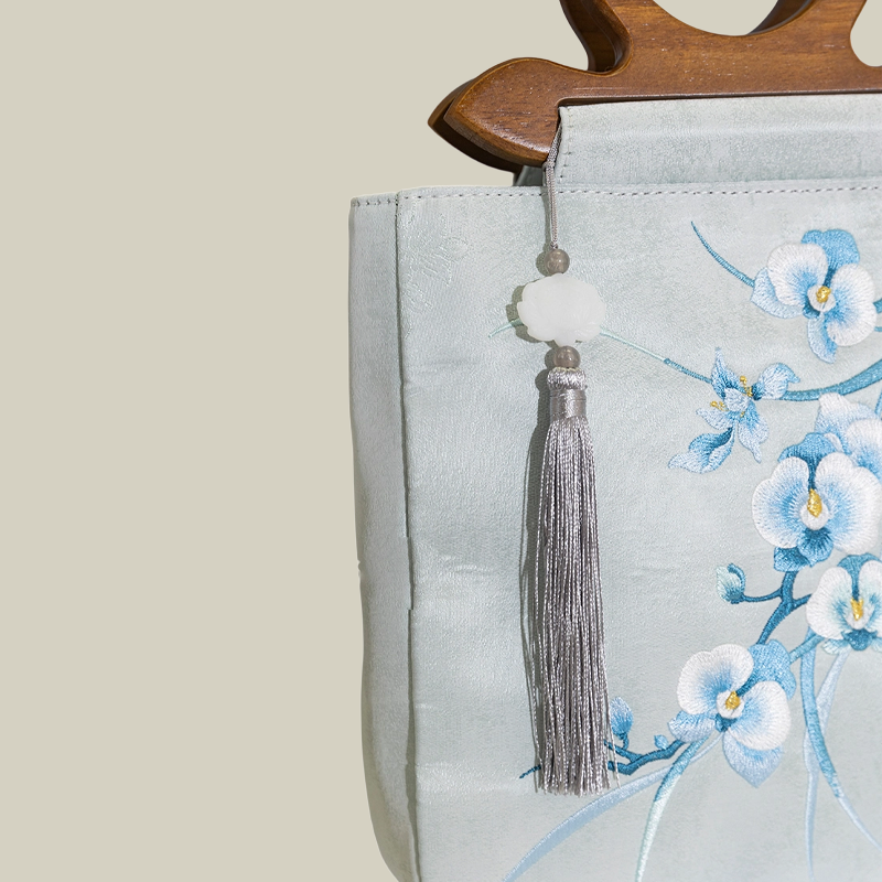 Phalaenopsis Whisper Embroidered Tote with Wooden Handle
