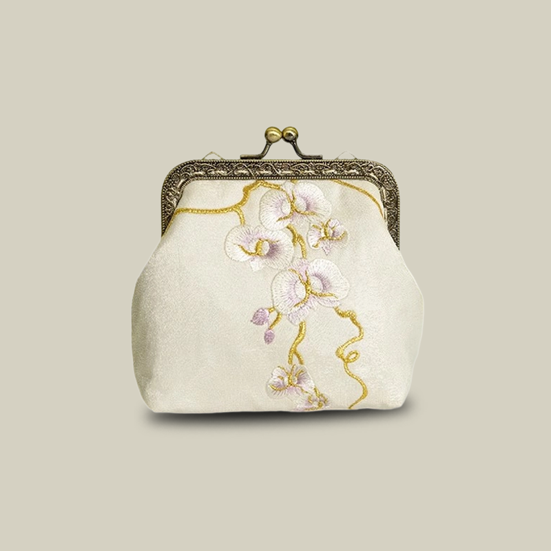 Mini Lotus Blossom Embroidered Coin Purse with Metal Kiss-Lock