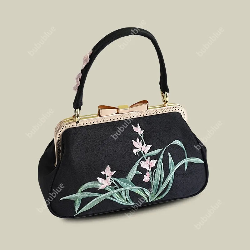 Vintage Orchid Embroidered Handbag with Metal Butterfly Lock