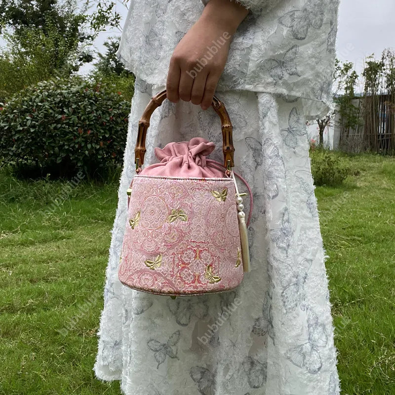 Golden Butterfly Embroidered Bucket Bag(Pink/Purple)
