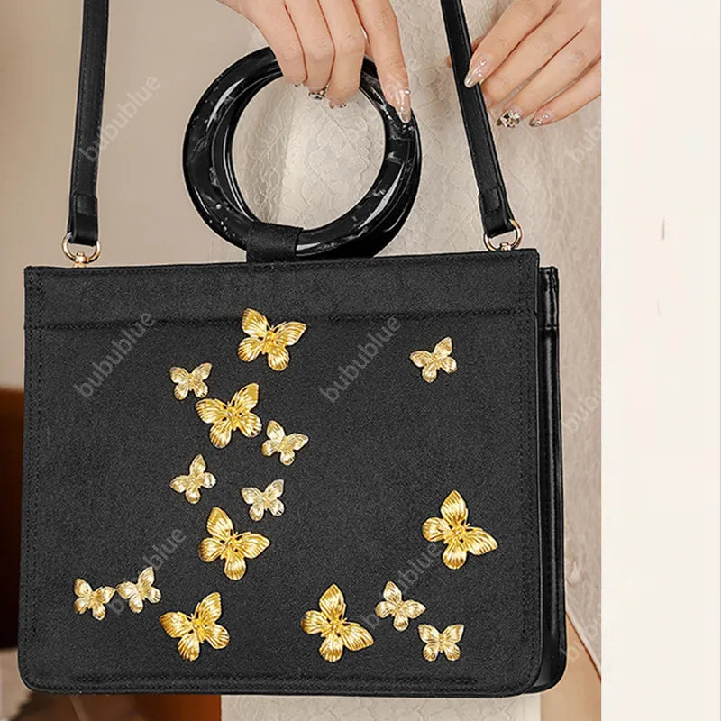 Golden Butterfly Embroidered Black Tote Bag with Crossbody Strap