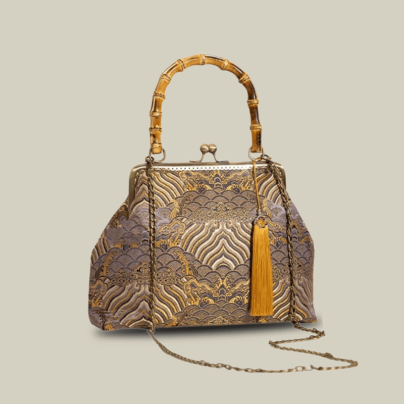 Cloud Brocade Handbag with Wooden Handle