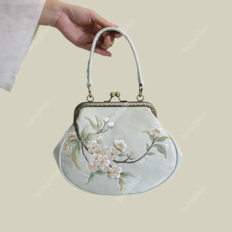 Vintage Pear Blossom Embroidered Shell Handbag with Kiss Lock