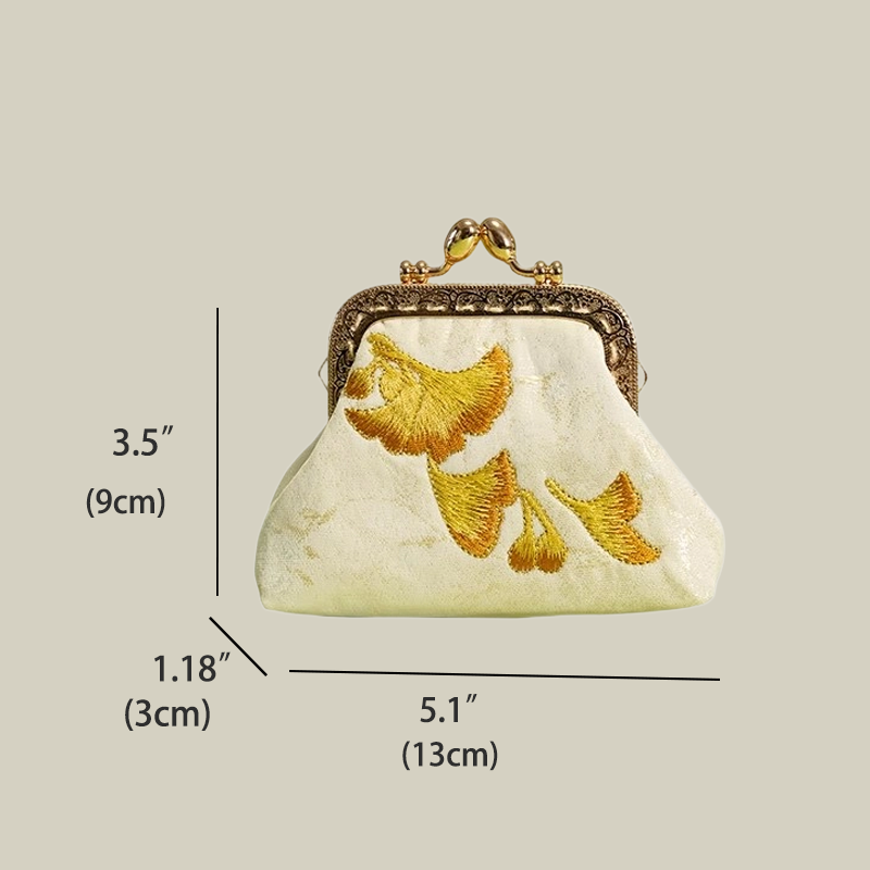 Ginkgo Embroidered Mini Kiss-Lock Purse with Pearl Chain