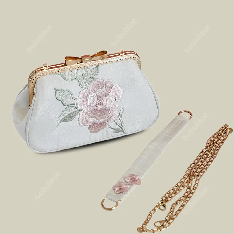 Vintage Begonia Embroidered Square Satin Handbag with Bow Lock