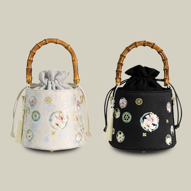 Floral Embroidered Satin Bucket Bag with Bamboo Handle