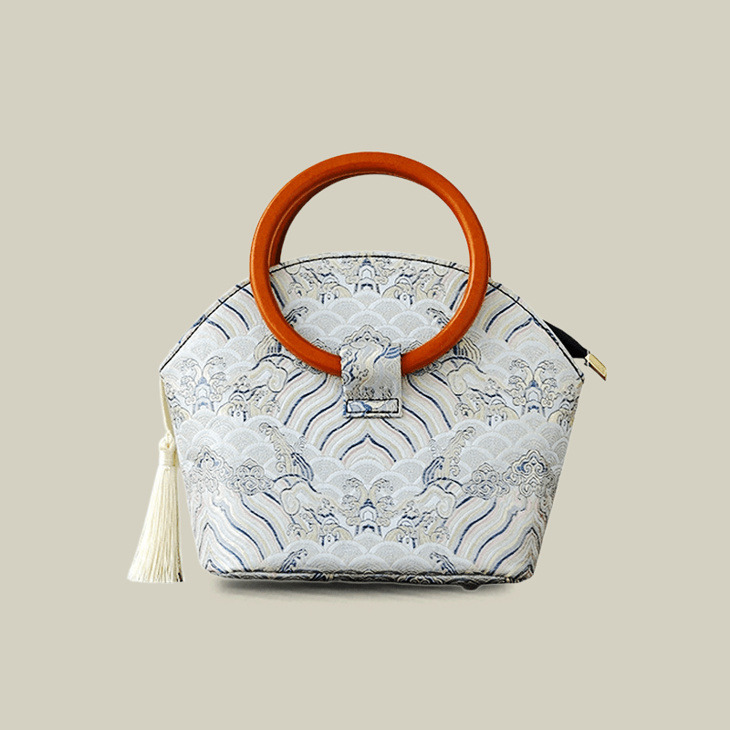 Brocade Shell Handbag with Wooden Ring Handle