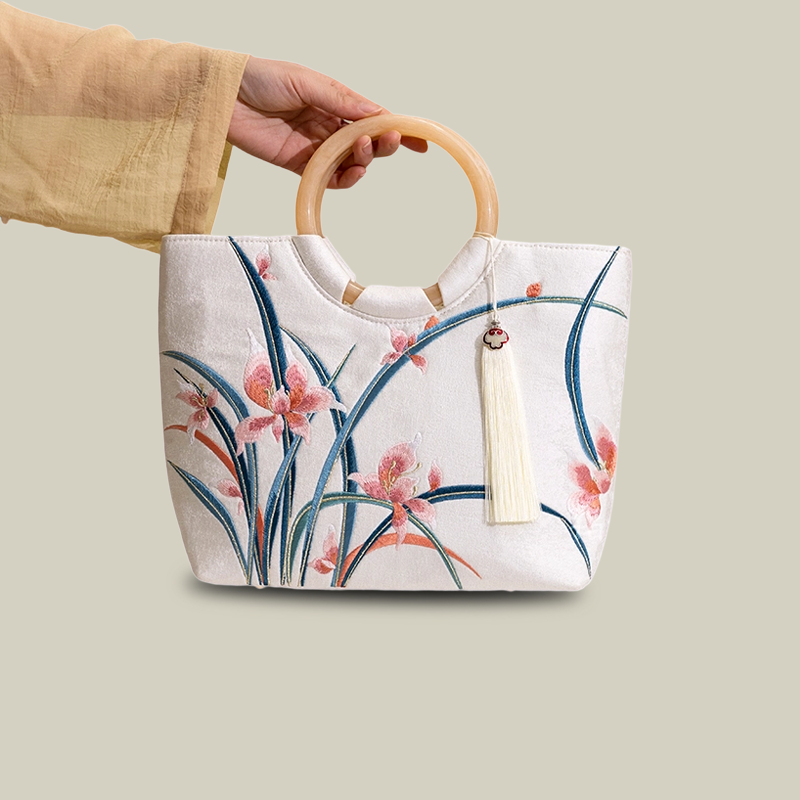 Large Capacity Orchid Bloom Embroidered Tote Bag with Acrylic Handle