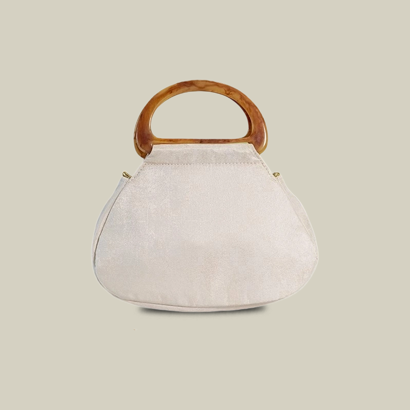 Peony Bloom White Embroidered Handbag with Wooden Handle