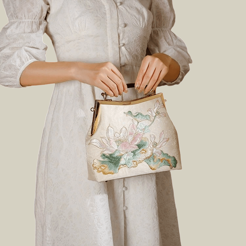 Embroidered Lotus Square Kiss-Lock Handbag with Acrylic Handle