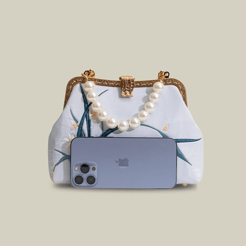 Orchid Embroidered Pearl Handle Handbag with Metal Lock