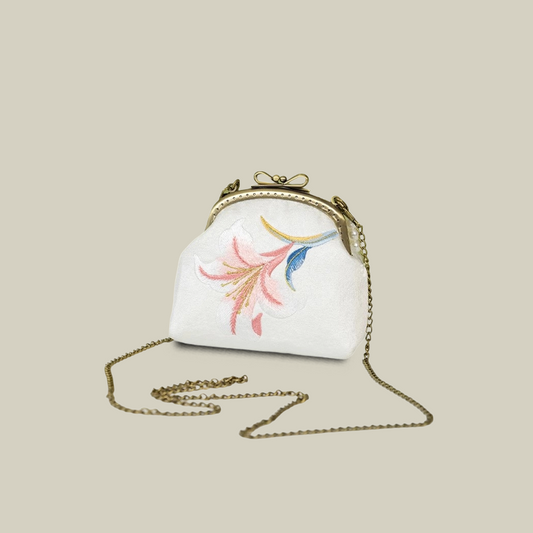 Pearl Chain Lily Embroidered Mini Purse with Bow Metal Kiss-Lock