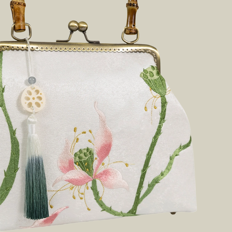 White Lotus Embroidered Handbag with Vintage Kiss Lock