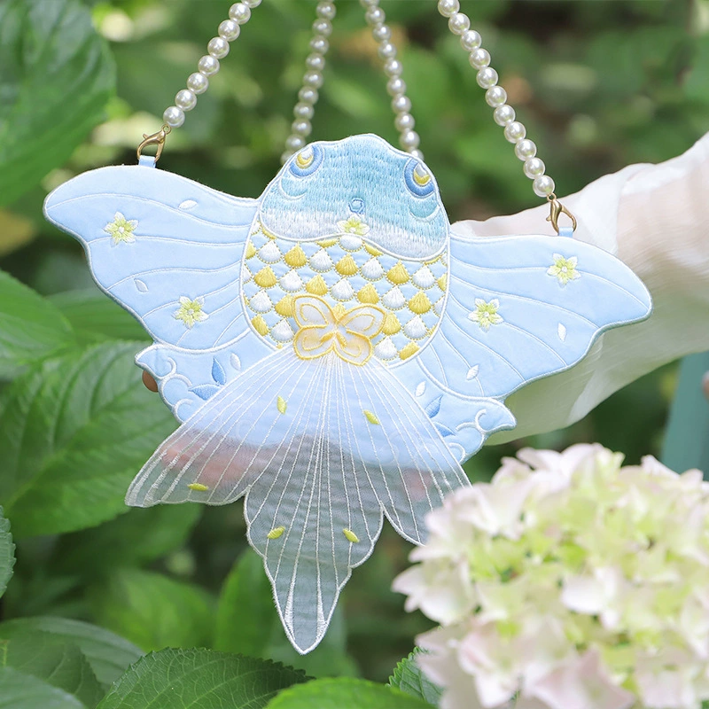 Goldfish Embroidered Crossbody Bag with Pearl Chain