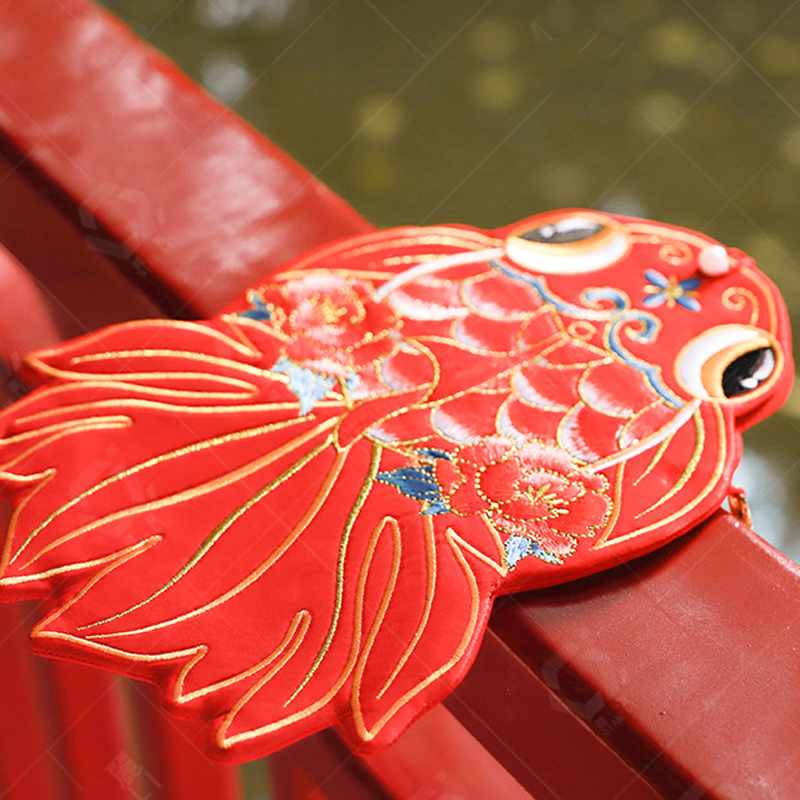 Lucky Koi Fish Embroidered Crossbody Bag with Pearl Chain