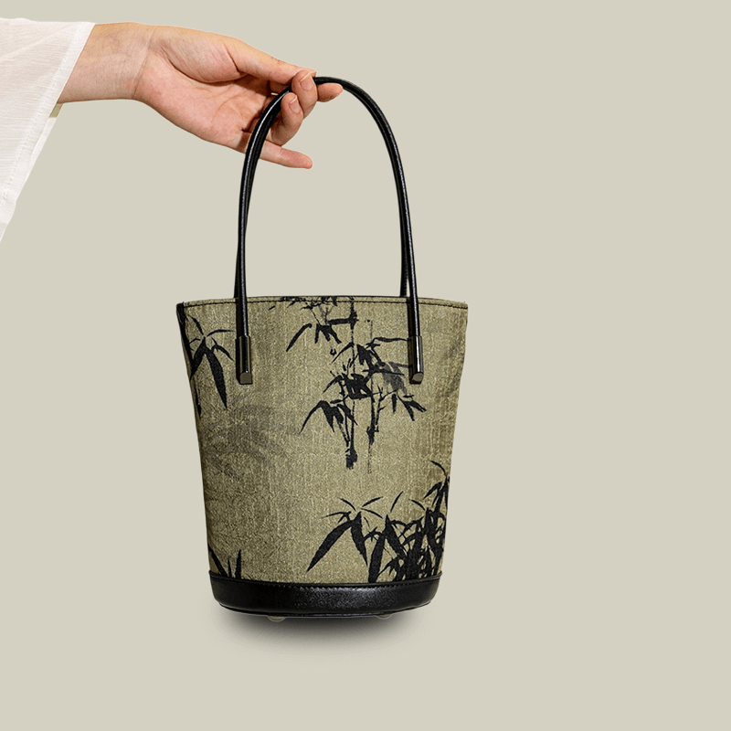 Ink Bamboo Printed Green Bucket Bag with Leather Strap