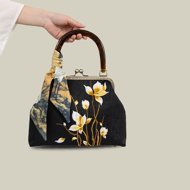 Floral Embroidered Kiss-Lock Handbag with Silk Scarf