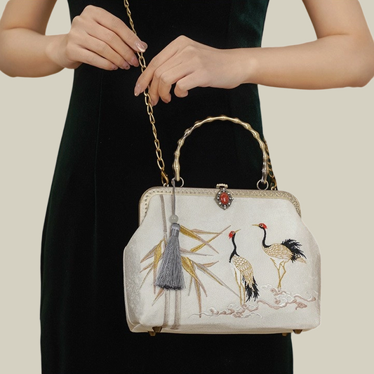 Twin Birds in Bamboo Leaf Embroidered Handbag