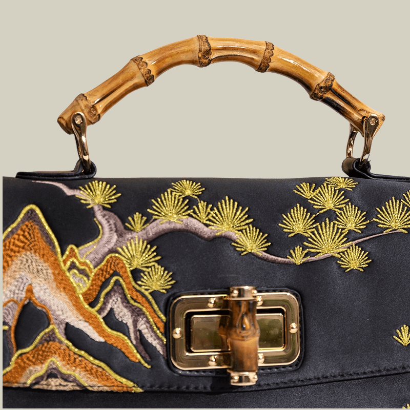 Mountain Pine Embroidered Boston Bag with Bamboo Handle