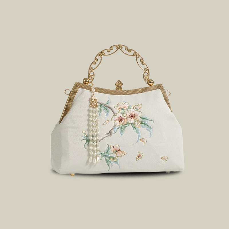 White Pear Blossom Embroidered Handbag with Pearl Tassel