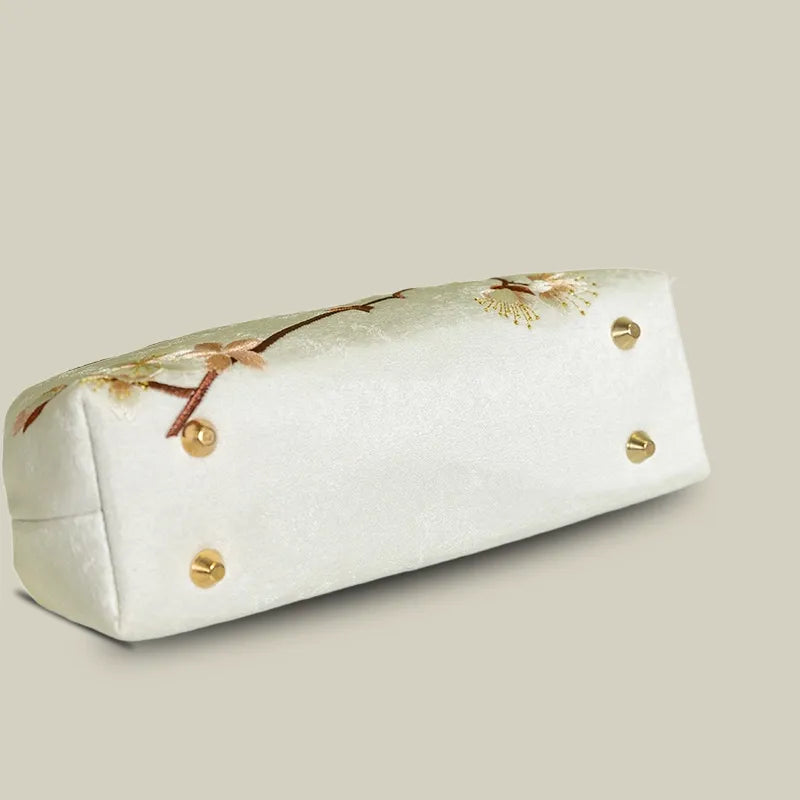Plum Bossom Embroidered Beige White Vintage Handbag with Pearl Handle