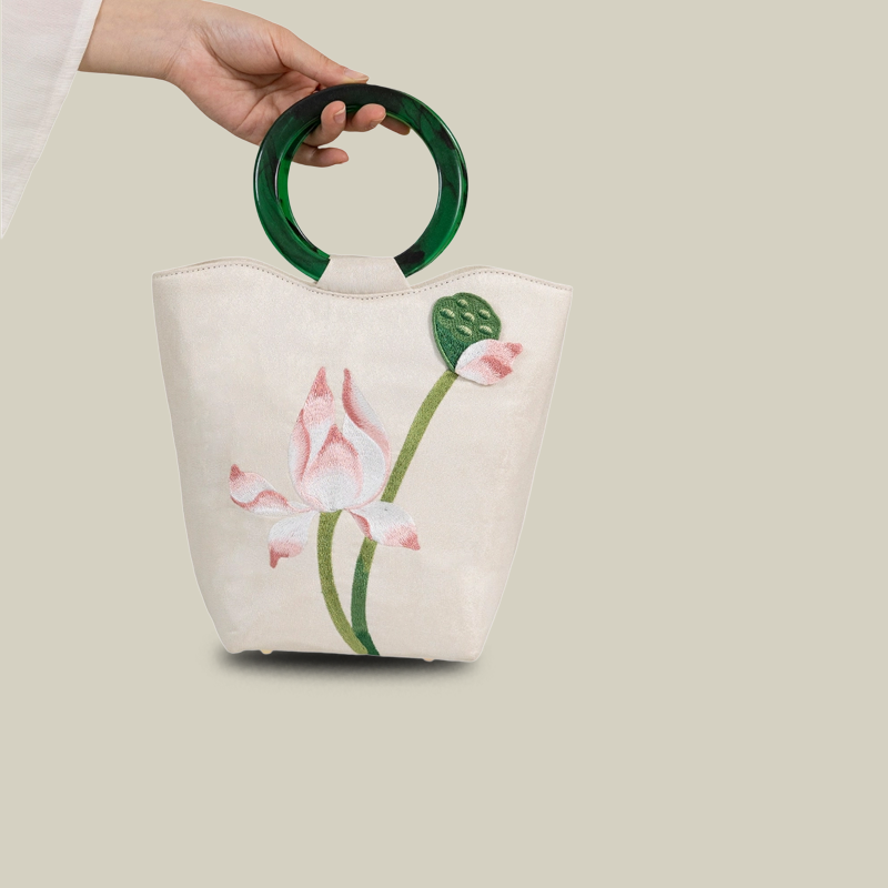 White Lotus Embroidered Tote Bag with Green Acrylic Handle