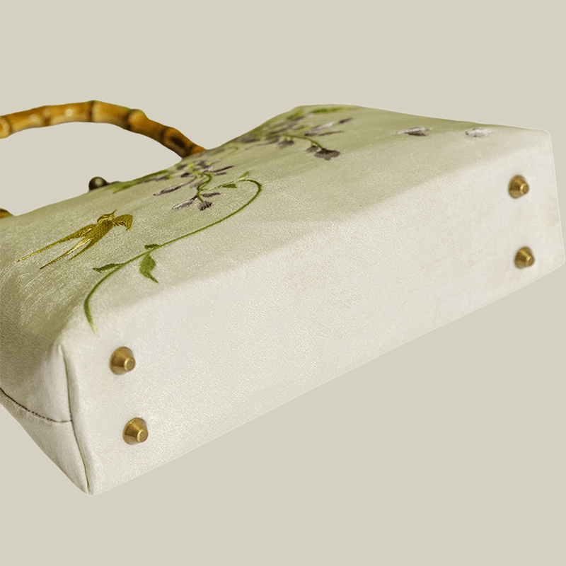 Swallow Embroidered Bamboo Handle Bag with Kiss-Lock