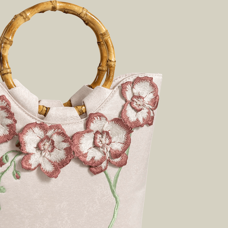 3D Embroidered Flowers & Bamboo Handle White Tote Bag