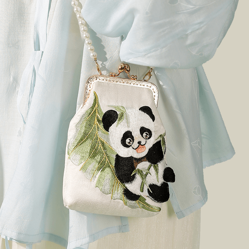 Cute Panda Embroidered Crossbody Bag with Pearl Strap