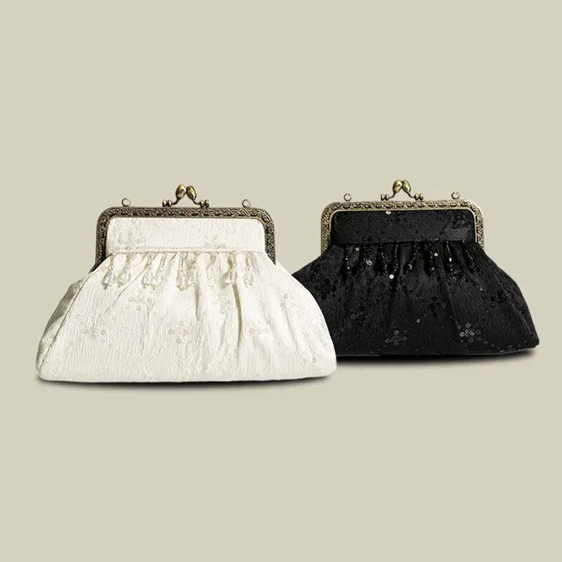 Vintage Pearl Tassel Satin Evening Bag with Kiss Lock(White/Black)