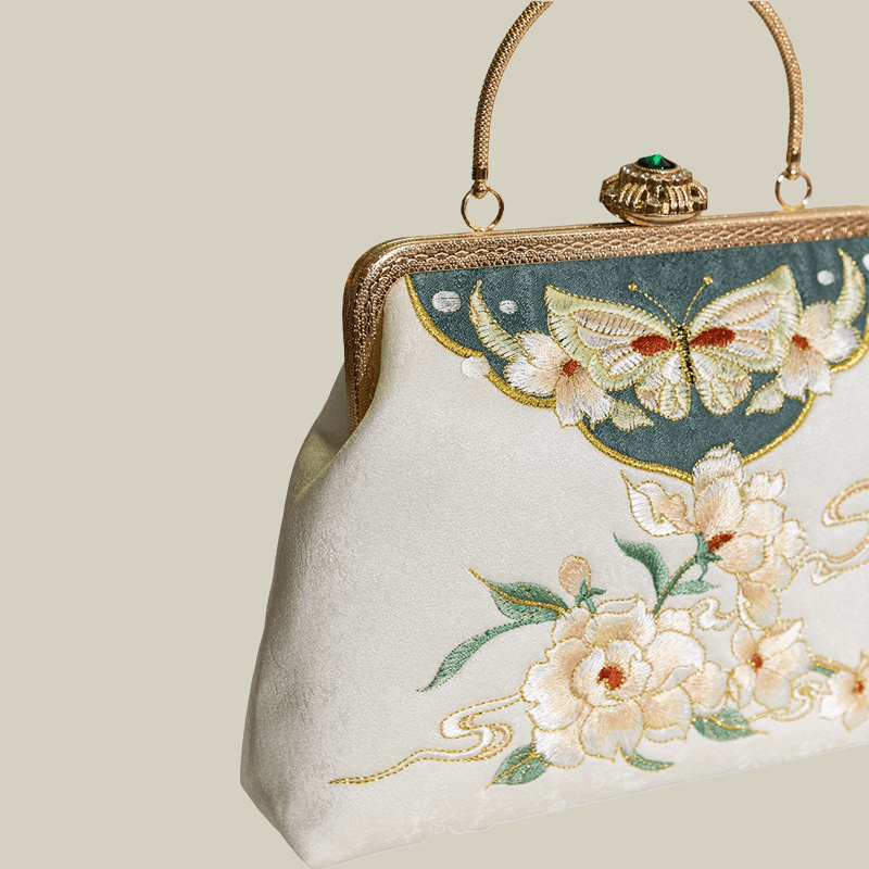 Butterfly Garden Embroidered White Handbag with Gem Lock