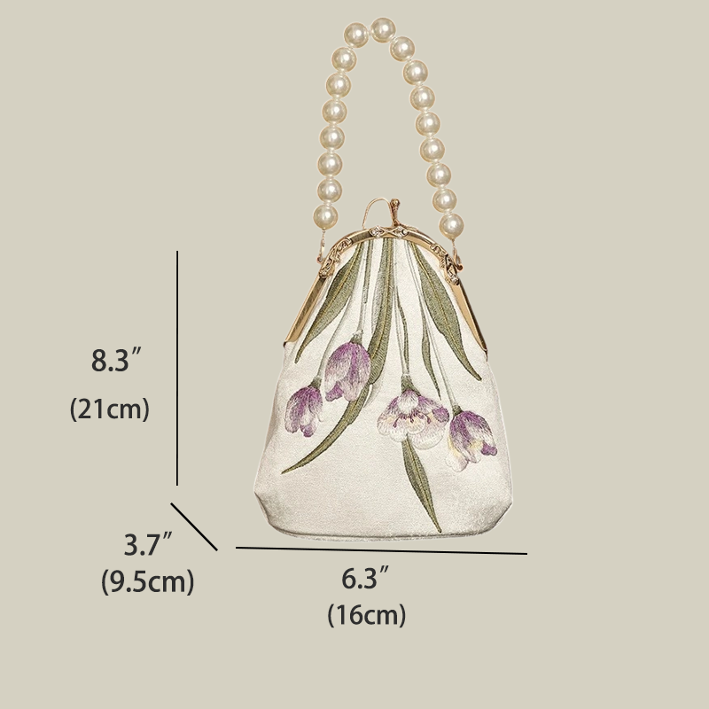 Tulip Embroidered Pearl Handle Handbag with Kiss-Lock