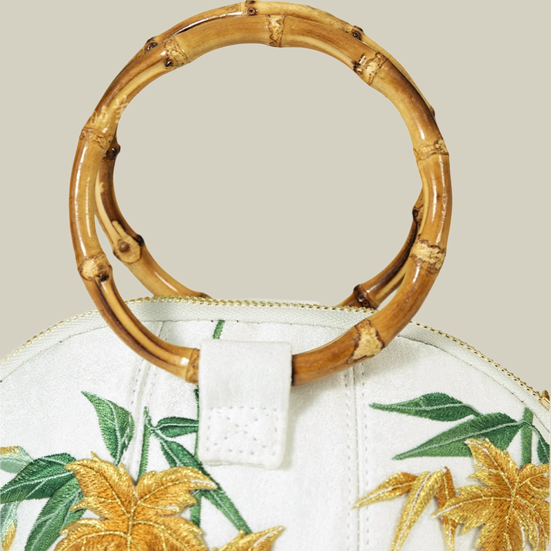 Maple Leaf Embroidered Shell Handbag with Bamboo Handle