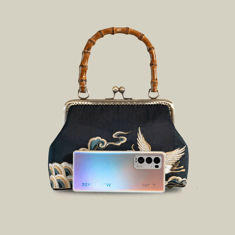 Embroidered Crane Handbag with Metal Kiss Lock