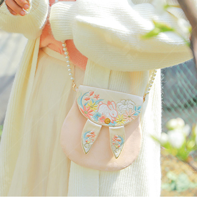 Cute Bunny Embroidered Crossbody Bag with Pearl Chain