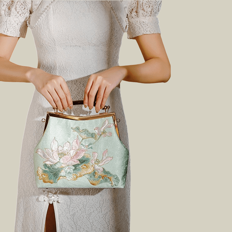 Embroidered Lotus Square Kiss-Lock Handbag with Acrylic Handle