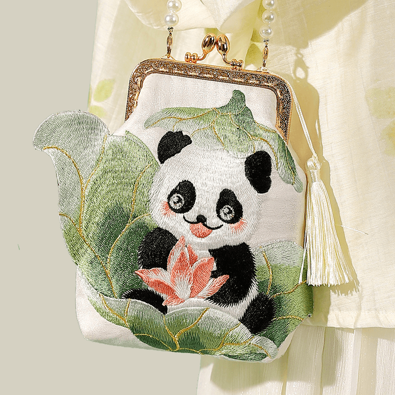 Cute Panda Embroidered Crossbody Bag with Pearl Strap