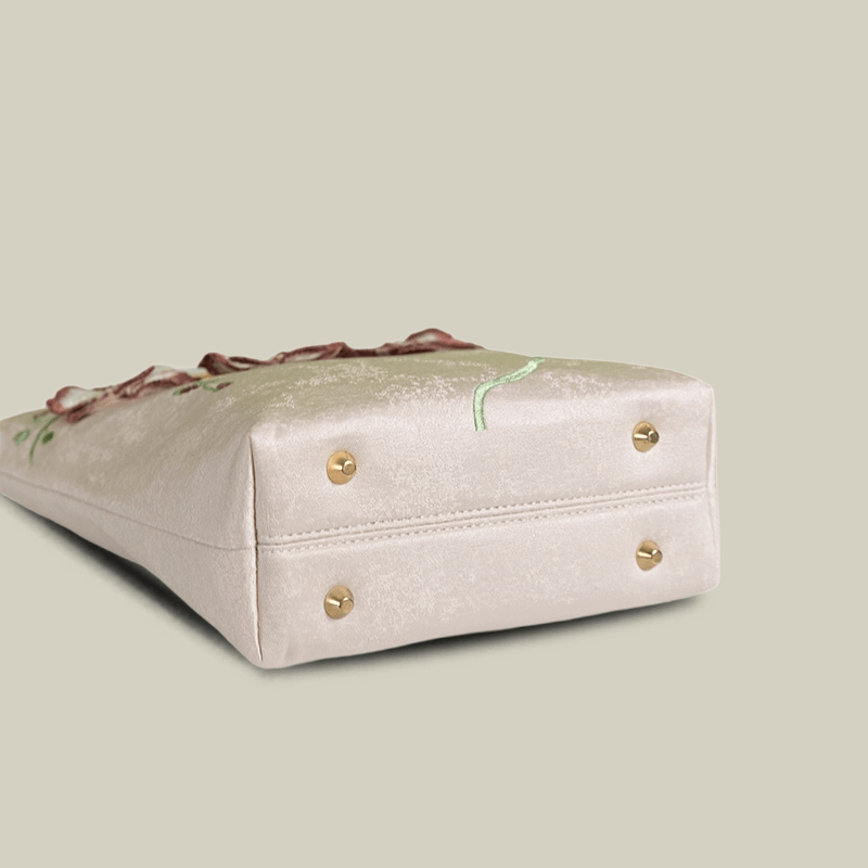 3D Embroidered Flowers & Bamboo Handle White Tote Bag