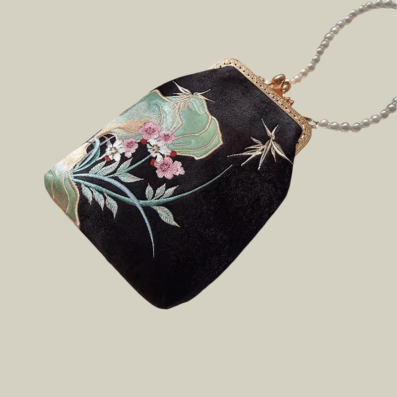 Orchid Whisper Embroidered Mini Crossbody Bag with Pearl Handle