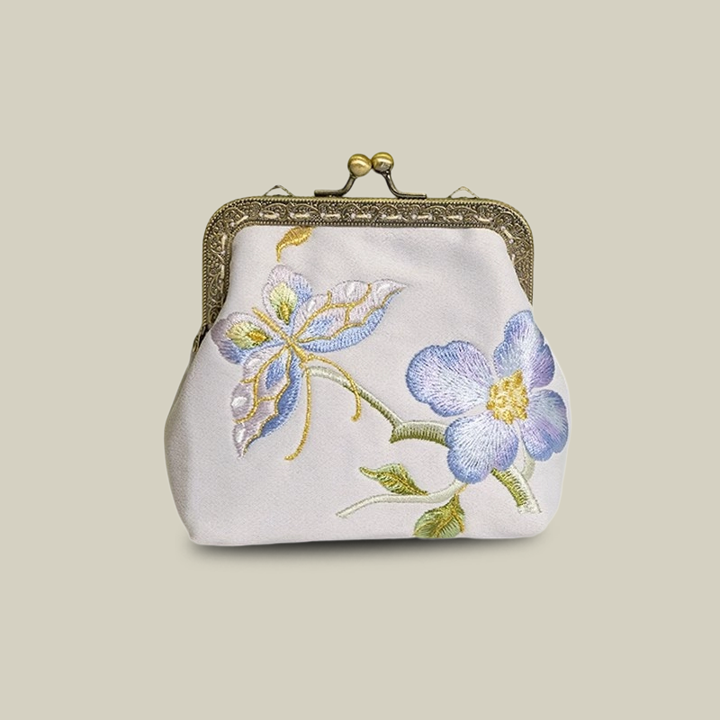 Mini Lotus Blossom Embroidered Coin Purse with Metal Kiss-Lock