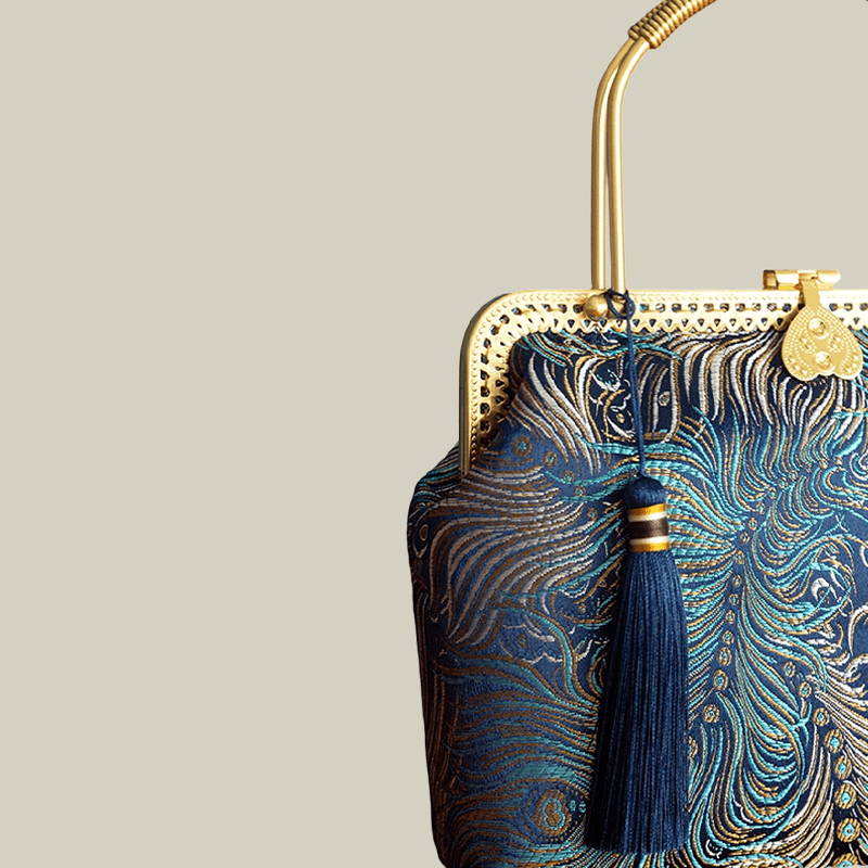 Peacock Blue Brocade Texture & Metal Handle Handbag