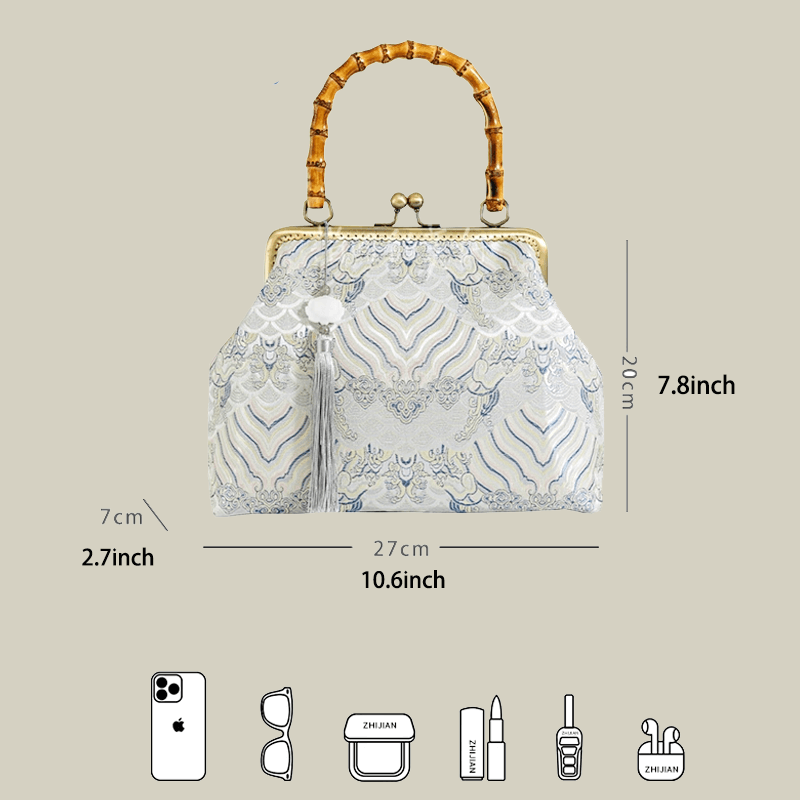 Cloud Brocade Handbag with Wooden Handle