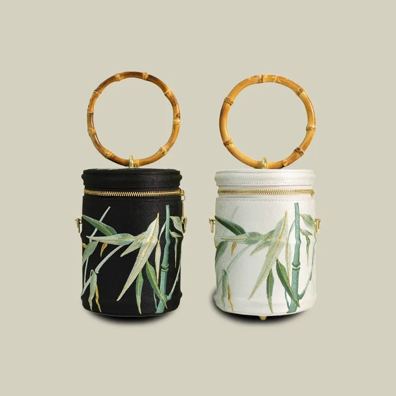 Vintage Bamboo Embroidered Bucket Bag with Bamboo Handle