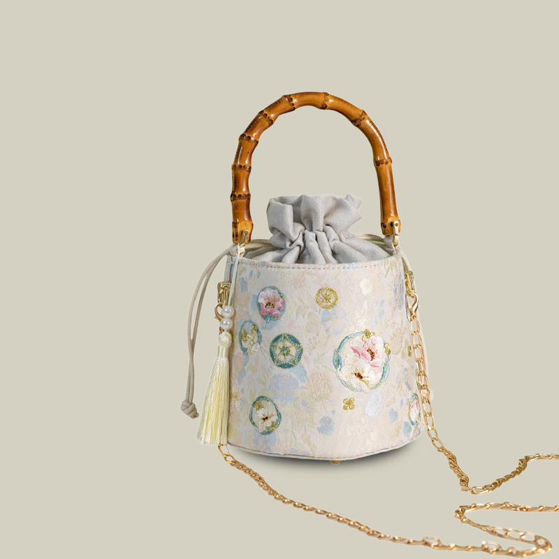 Floral Embroidered Satin Bucket Bag with Bamboo Handle